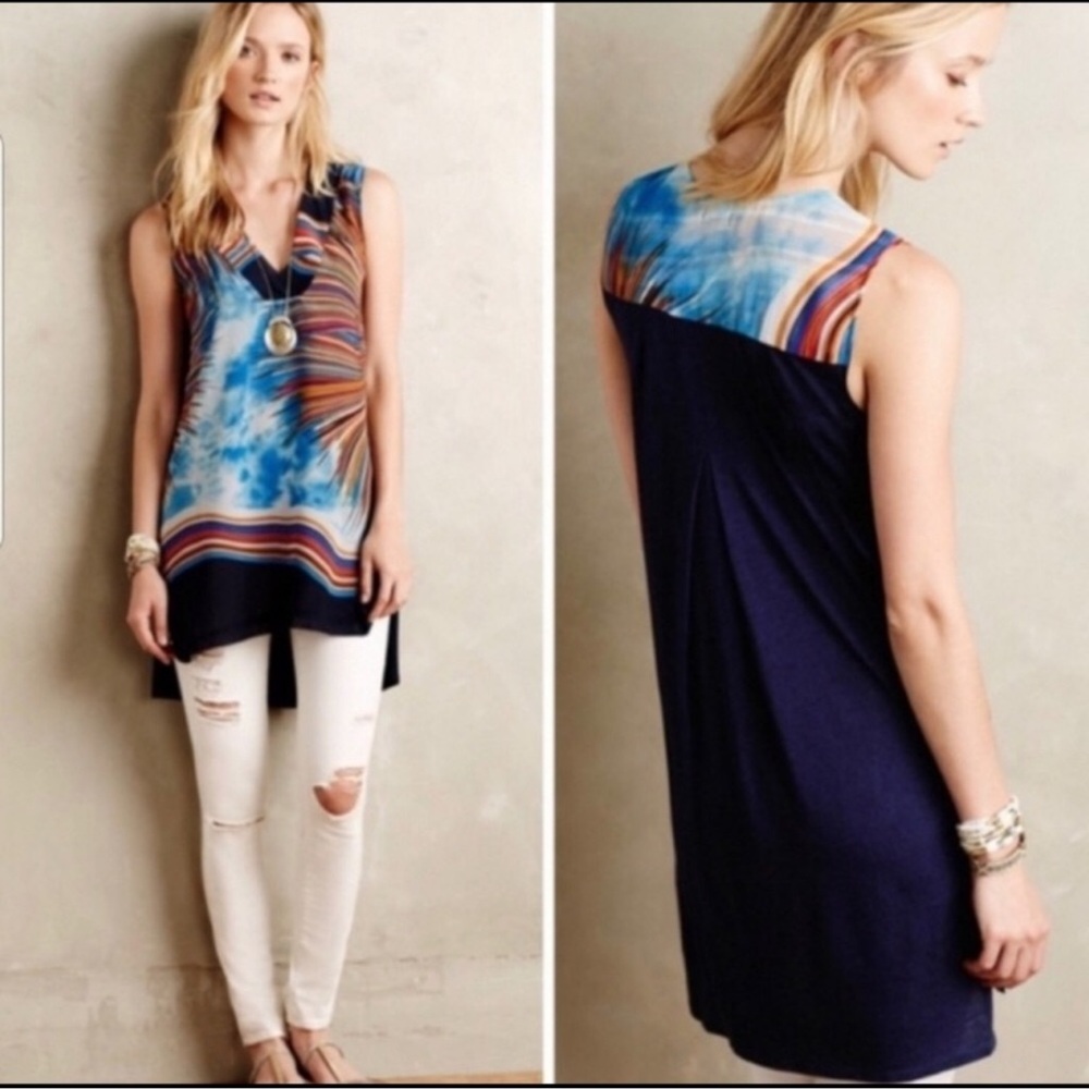 Anthro Tiny Blue sunburst Sleeveless Tunic Blouse Small